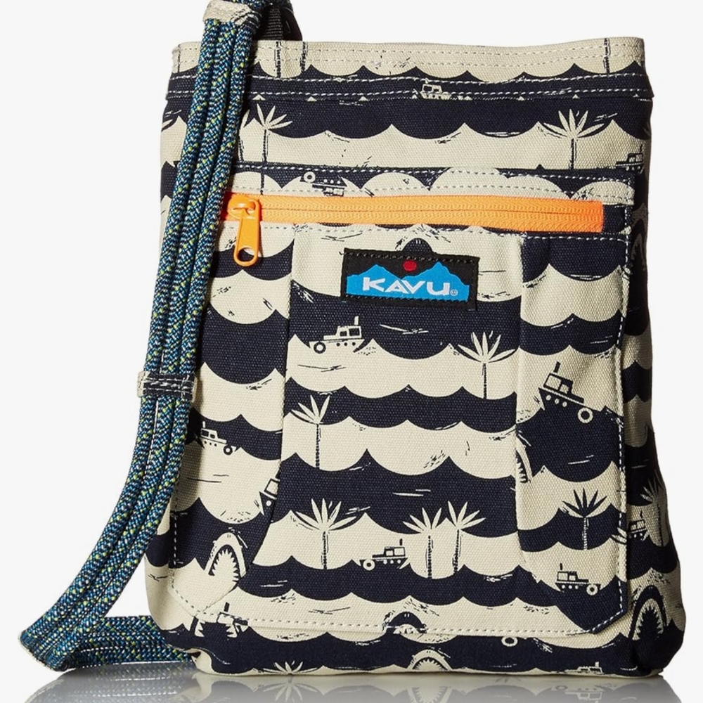 KAVU Keepalong Semi Padded Sling Canvas Rope Crossbody Bag Shark Bait Rare Print